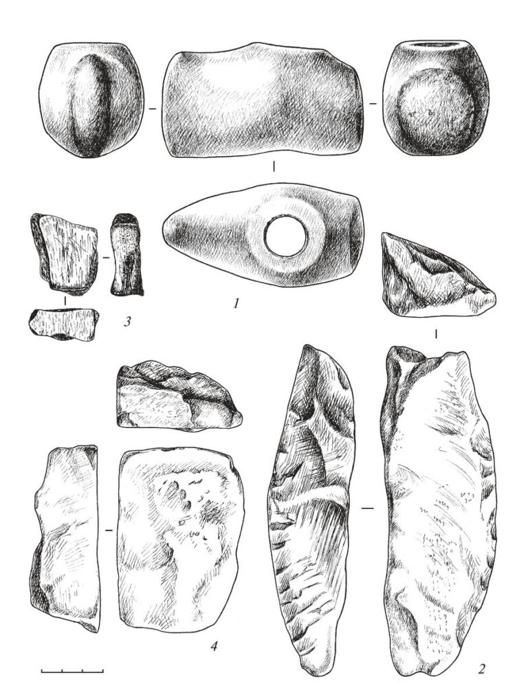 Найденные в Кашпире предметы из камня: 1 — топор (Х63), 2 — Х49, 3 — абразив (ров), 4 — Х58