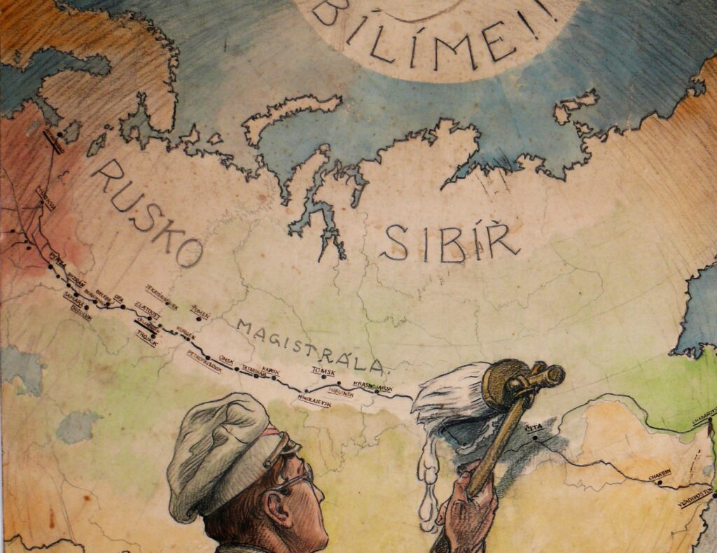 Чехословацкие легионеры «отбеливают» взятую под контроль Транссибирскую магистраль. «Мы белые!» — плакат Франтишека Паролека, май 1918