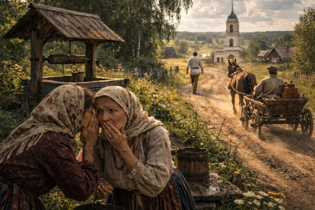 Врач Тимофей Гаврилов идёт мимо спасского колодца. Визуализация по описанию из мемуаров, сгенерировано с помощью ИИ