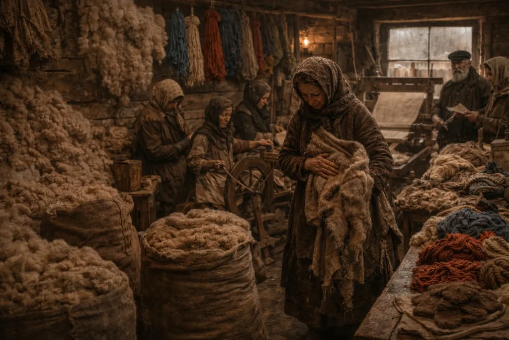 Кустарное производство тканей. Визуализация по описанию из мемуаров, сгенерировано с помощью ИИ