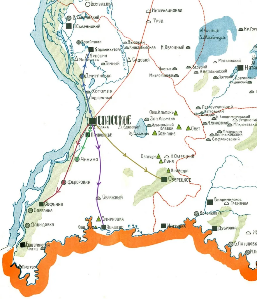 Примерная схема выездов доктора Тимофея Гаврилова. Фрагмент карты Самарского уезда по данным переписи 1926 года