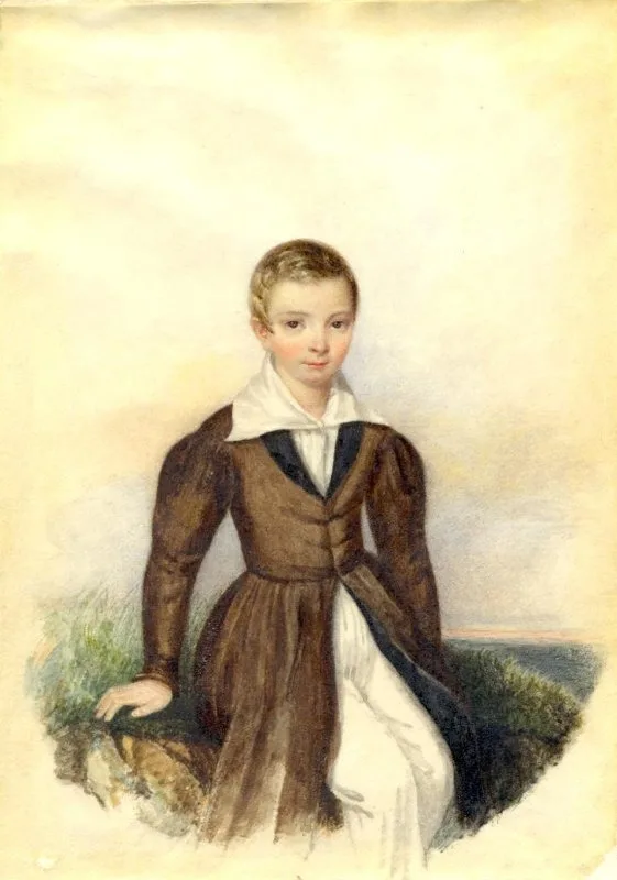 Портрет Юрия Фёдоровича Самарина в детстве. Неизвестный художник, 1830-е. Пейзажный фон на портрете неожиданно напоминает наши приволжские виды.