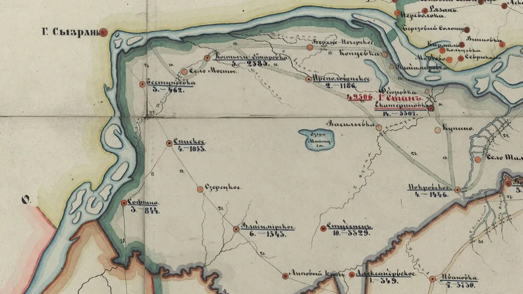 Фрагмент карты Самарской губернии 1864 года, где омечены дороги, в том числе скотопрогонная