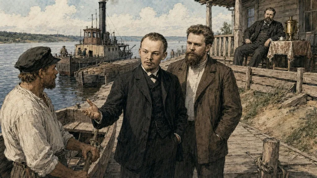 Ульянов и Елизаров наняли частную лодку, хотя лодочники опасались вмешательства Арефьева. Визуализация, сгенерировано с помощью ИИ