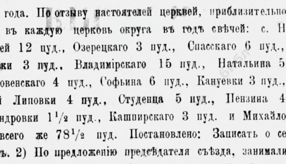 Сколько свечей требуется в год для церкви с. Озерецкого. Фрагмент Самарских епархиальных ведомостей № 3, 1881 год