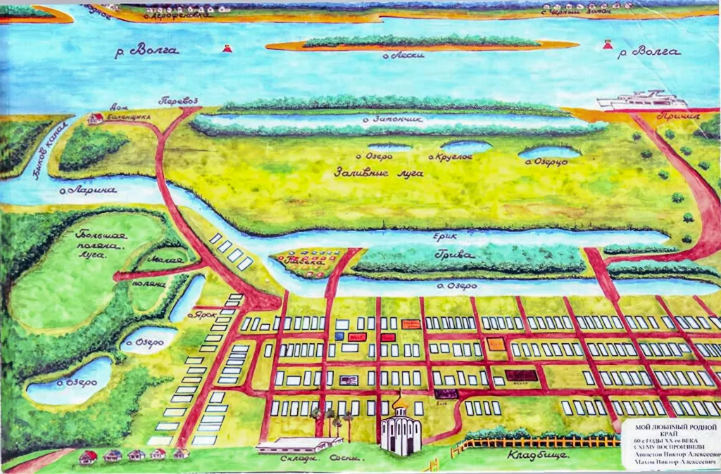 Рисунок плана с. Екатериновки до разлива Волги. Авторы: В. А. Махов и В. А. Ашпетов
