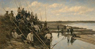 Бурлаки у Волги. Визуализация, сгенерировано с помощью ИИ