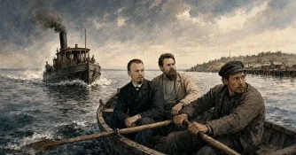 Как Ленин в Бестужевку плыл: погоня за лодкой и суд над купцом Арефьевым. Визуализация, сгенерировано с помощью ИИ